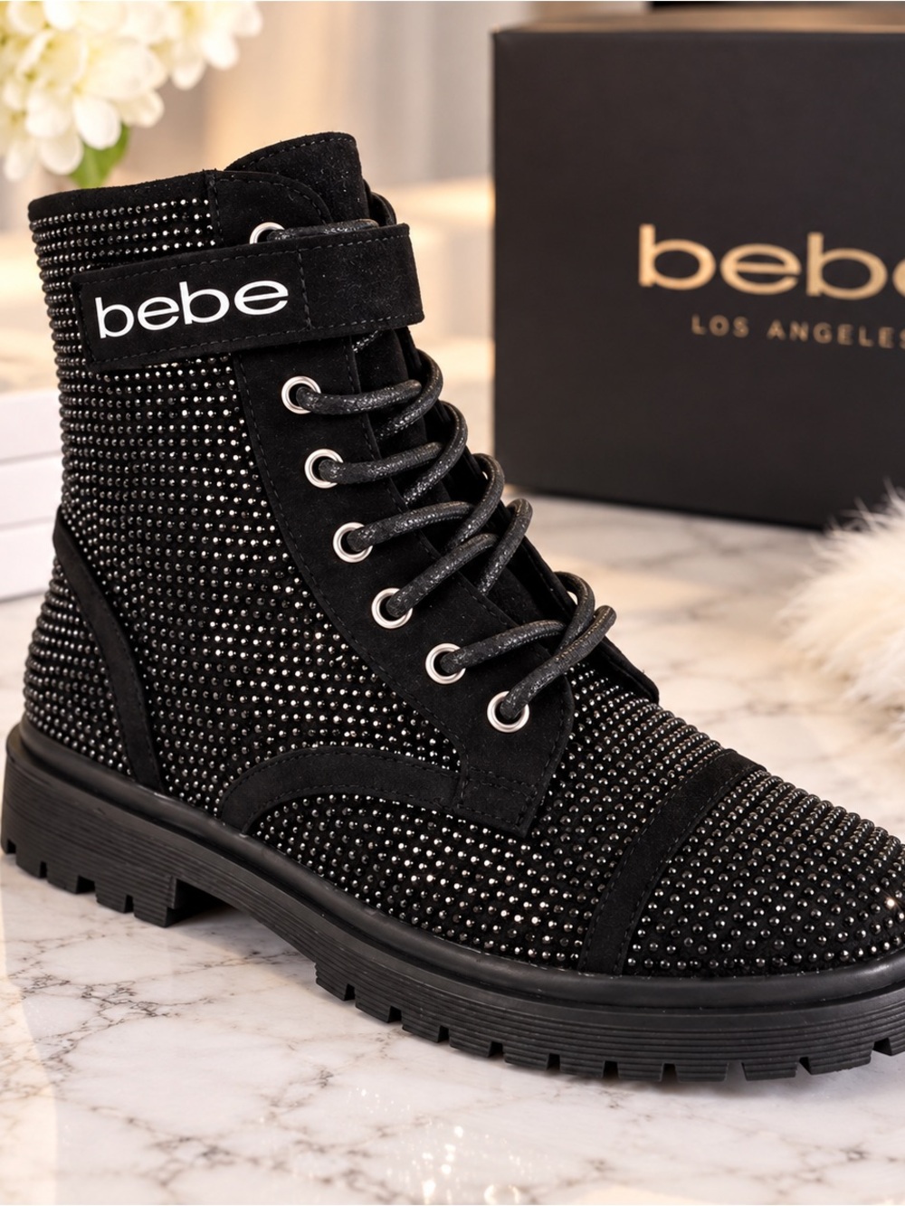 bebe Black Studded Lace-Up Combat Boot with Ankle Strap